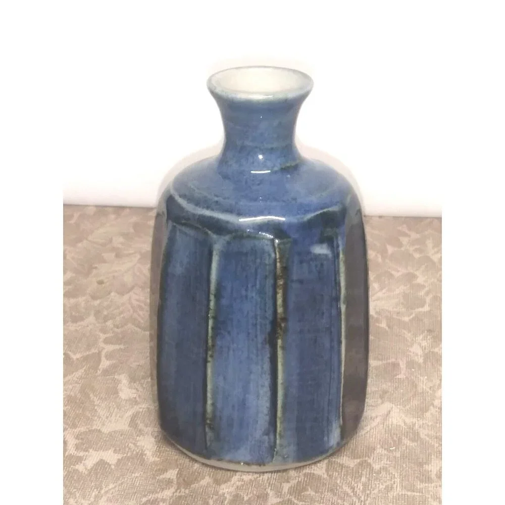 Ikebana Bottle Vase Japanese Mashiko Ware blue Glaze octagon unique HTF ?VTG